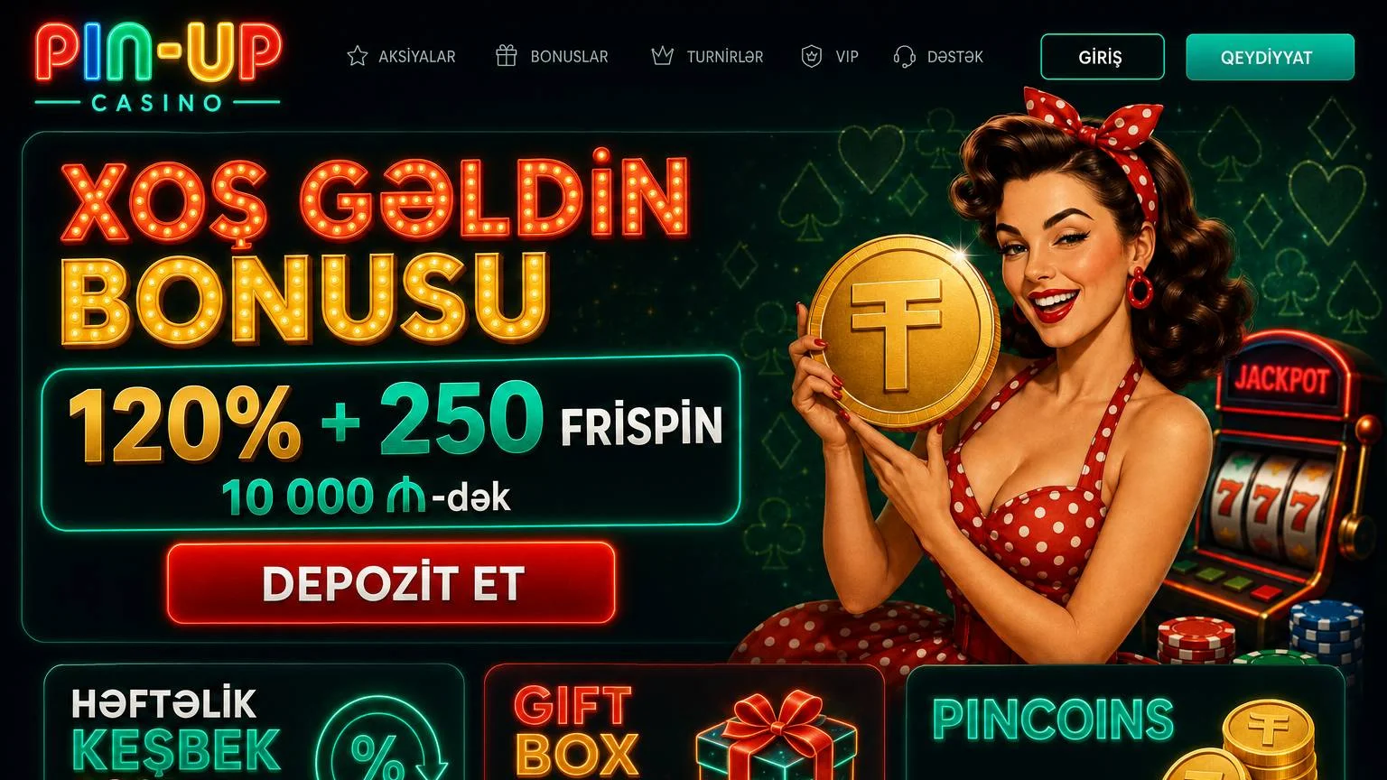 Pin Up bonusları — ilk depozitə 120% və 250 pulsuz fırlatma